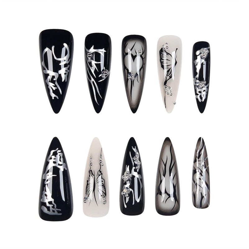 SINHOT Stiletto Press on Nails - Long Fake Nails, Glossy Finish, Black Butterfly & Gothic Style, DIY Artificial False Nail Art - 24 Pcs Nail Kit with Glue - Image 3